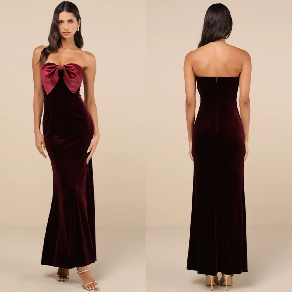 Lulus Dramatic Stunner Burgundy Velvet Bow Strapless Maxi Dress  Wedding Party